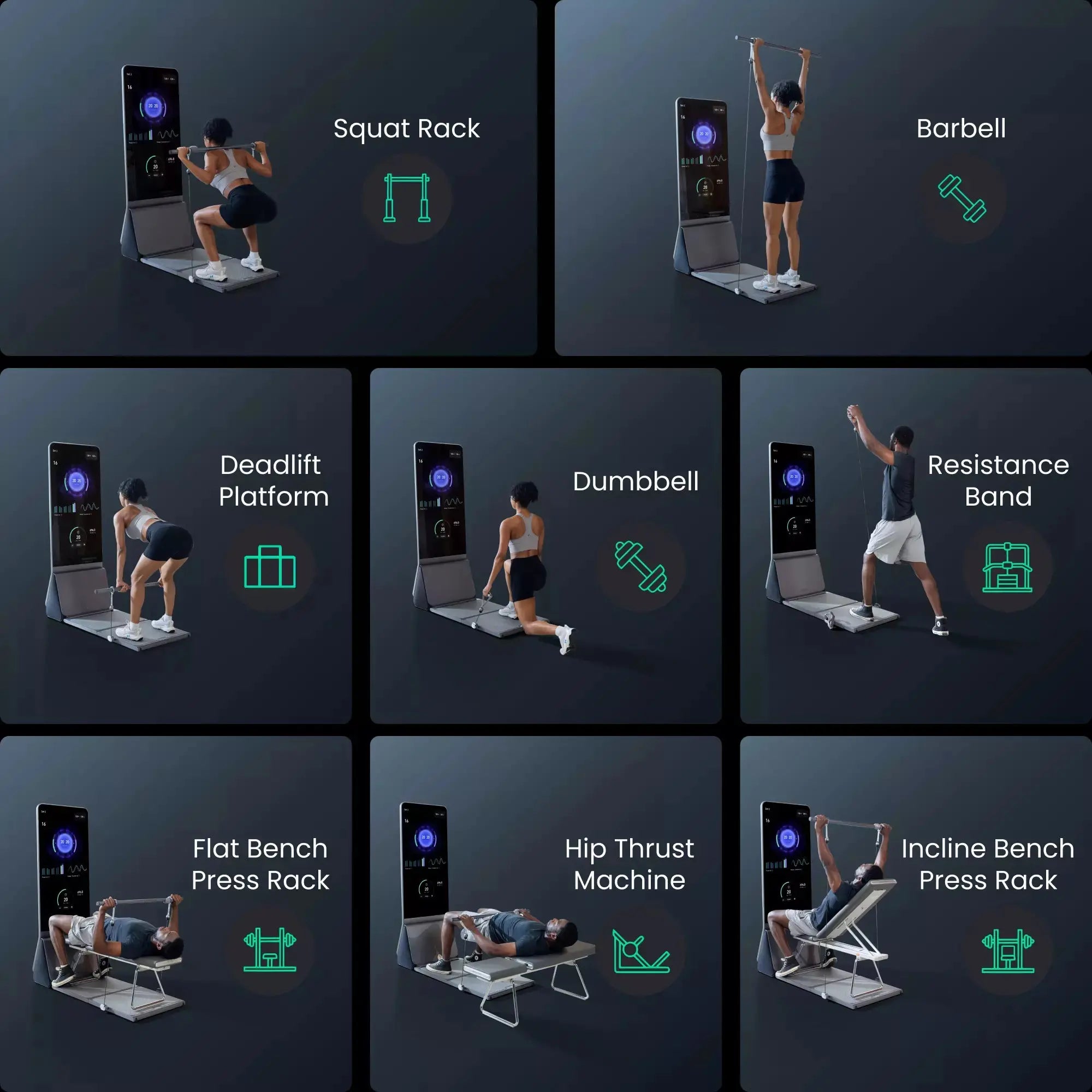 Exercises: Squat, Barbell, Deadlift, Dumbbell, Resistance Band, Flat Bench, Hip Thrust, Incline Press
